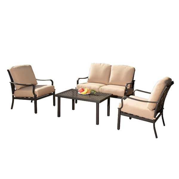 Unbranded 4 Pieces Metal Patio Conversation Set with Removable Beige Cushions and Rectangle Patio Table for Garden Backyard