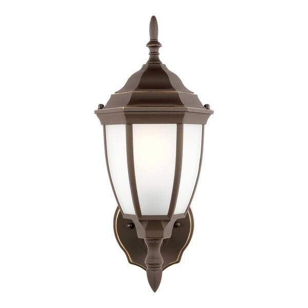 Generation Lighting - Bakersville 6.5 in. 1-Light Antique Bronze Traditional Outdoor Wall Lantern Sconce with Satin Etched Glass Panels
