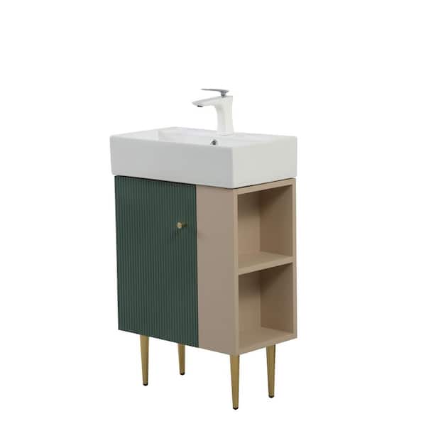 Timell 21.6 in. Modern Freestanding Green Bath Vanity with White Ceramic Top, Right Side Cabinet, Shelves