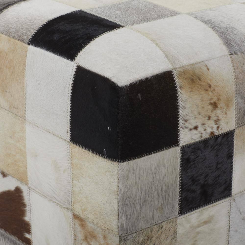 Contemporary Patchwork Leather Pouf Ottoman, Multi-Colored 16"x16"