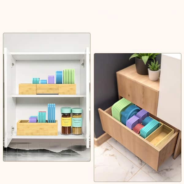 Expandable Kitchen Lids Organizer for Food Storage Lids, Bamboo Caddy Drawer Organizer with 3 Adjustable Dividers