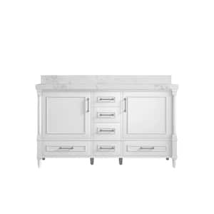 Hudson 60 in. W x 22 in. D x 36 in. H Double Sink Bath Vanity in White with 2 in. Calacatta Nuvo Quartz Top
