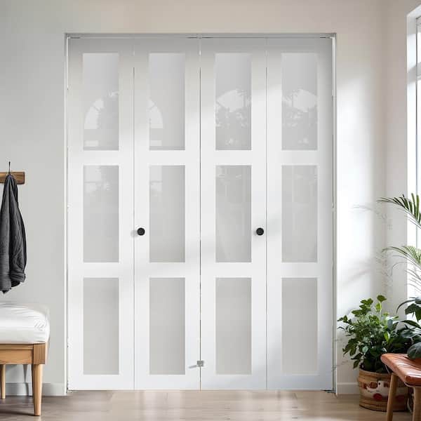 64 in. x 78 in. (Double 32 in. ) 3-Lite Frosted Glass Solid Core White MDF Closet Bi-Fold Door with Hardware Kit