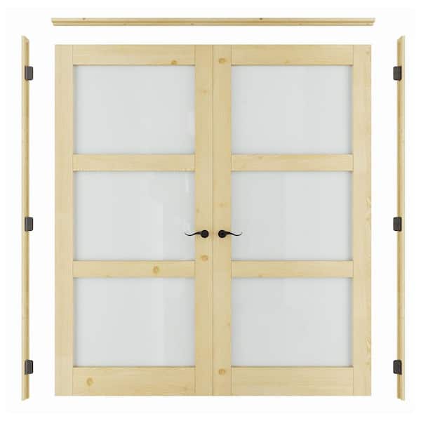 72 in. x 80 in. Universal 3-Lite Frosted Glass Unfinished Pine Wood Double Prehung French Door with Quick Assemble Jamb