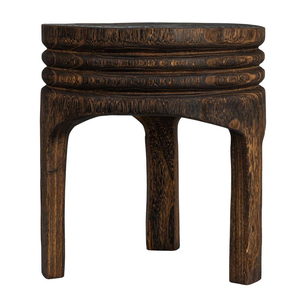 Charred Brown Hand-Carved Paulownia Wood Accent Stool