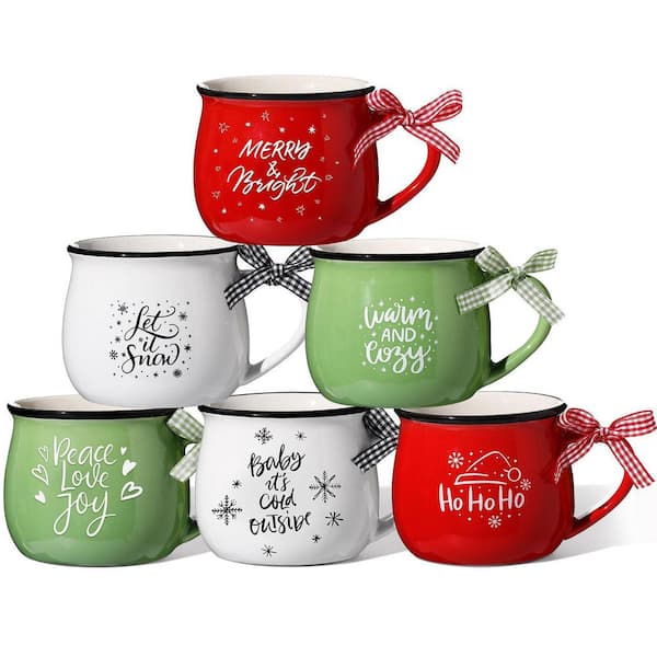 12 oz Classic Multi-Colored Ceramic Mug Set (Set of 6), Holiday Christmas Mugs with Buffalo Bows, Festive Drinkware