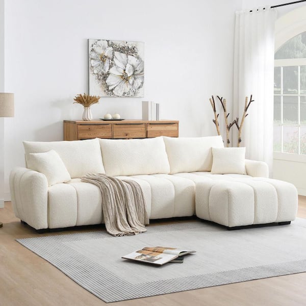 aisword 110 in. Pull-Line Design Boucle Fabric L-Shape Modular Sectional Sofa in. Cream with Extra-Large Seat, Movable Ottoman