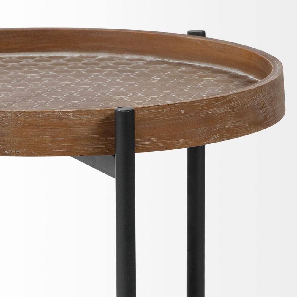 Medium Brown Distressed Wood and Black Metal Round End Table