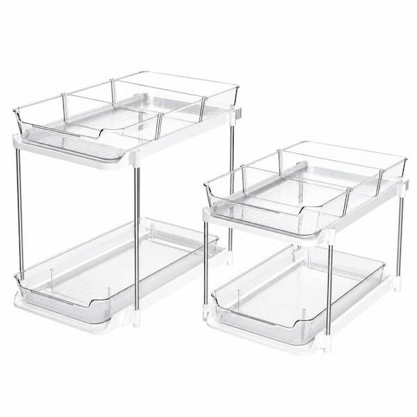 2 Piece White PET 2 Tier Multi Purpose Under Sink Organizers, Pull Out Medicine Cabinet Organizer with Movable Dividers