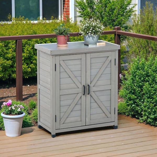 31.5 in. W x 17 in. D x 36 in. H Gray K-Shape Wood Outdoor Storage Cabinet