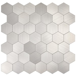 Silver Hexagons Brushed Aluminum Mosaic 5 in. x 5 in. Metal Peel and Stick Tile (.17 sq. ft./Sample)