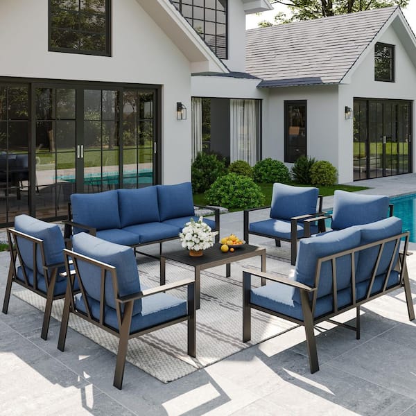 Poteban Gray Aluminum Frame 9-Person Outdoor Conversation Set with Navy Blue Cushions