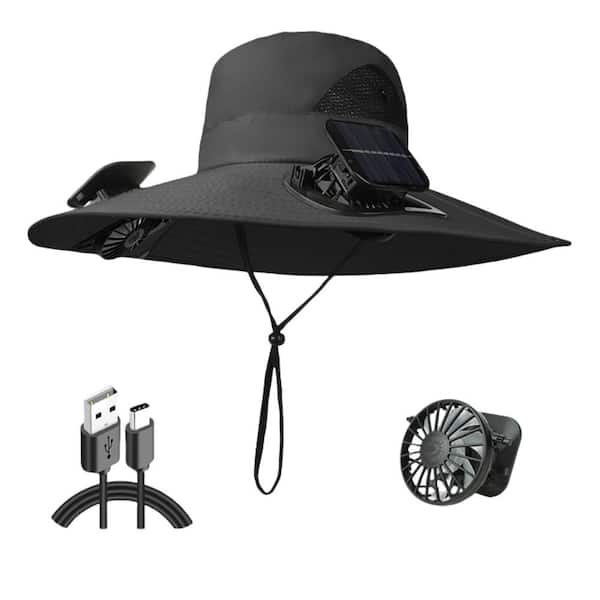 Solar Fan Hat Wide Brim Sun Hat with 2 Solar Fans Built-in for Men Waterproof Outdoor Hiking Camping Fishing Hat Grey