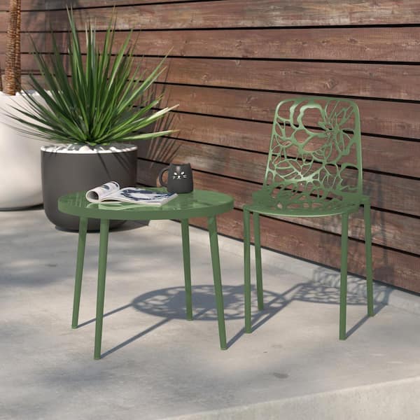 Leisuremod Devon Outdoor Dining Chair in Aluminum Modern Stackable Design Patio Side Chair in Khaki Green