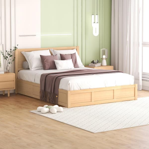 Brown Wood Frame Queen Size Platform Bed with Underneath Storage and 2 Drawers