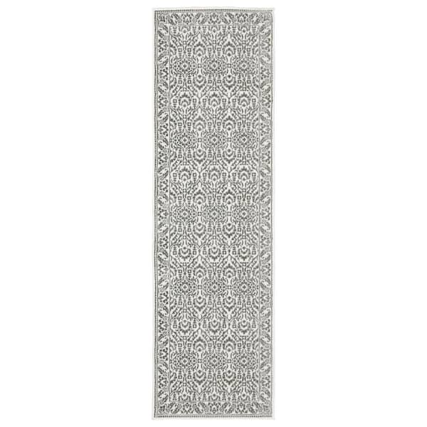 Monticello Gray/White 2 ft. x 8 ft. Oriental Floral Border Polyester Indoor Runner Area Rug