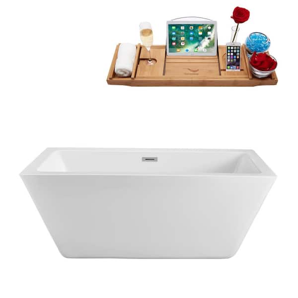Streamline 60.2 in. Acrylic Flatbottom Non-Whirlpool Bathtub in Glossy White with Polished Chrome Drain and Overflow Cover