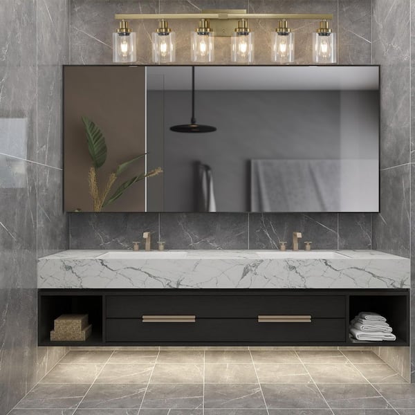 37 in. W 6-Light Wall Sconce Gold Vanity Lighting with Clear Shades for Bathroom Dressing Table, E26, No Bulbs Included