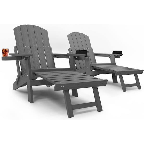 Mximu Grey Outdoor Folding Adirondack Chair with Integrated Pullout Ottoman and Cup Holder (2-Pack)