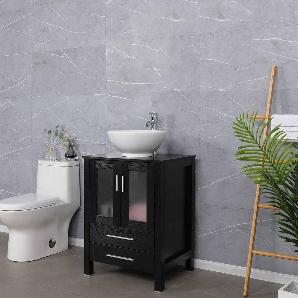 24'' Black MDF Bathroom Vanity Set with White Ceramic Vessel Sink