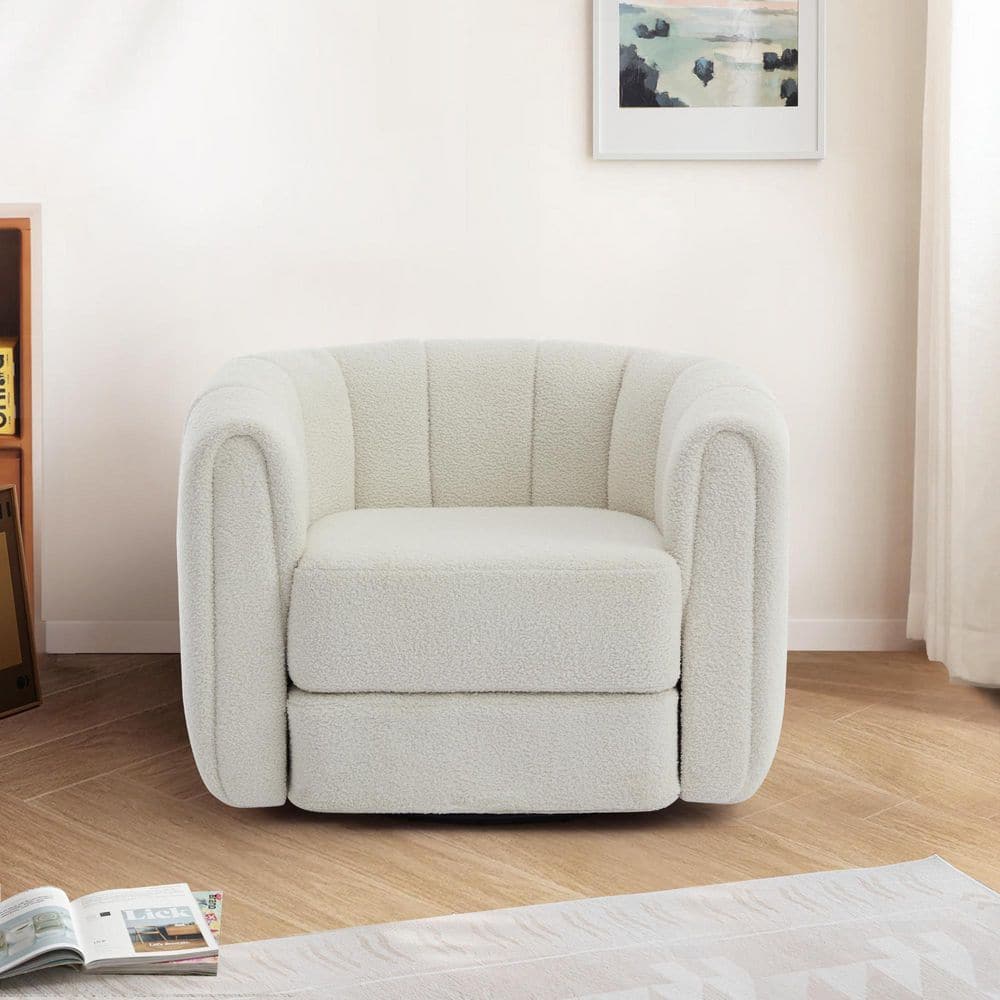 White Velvet Swivel Barrel Accent Chair with Wood Frame