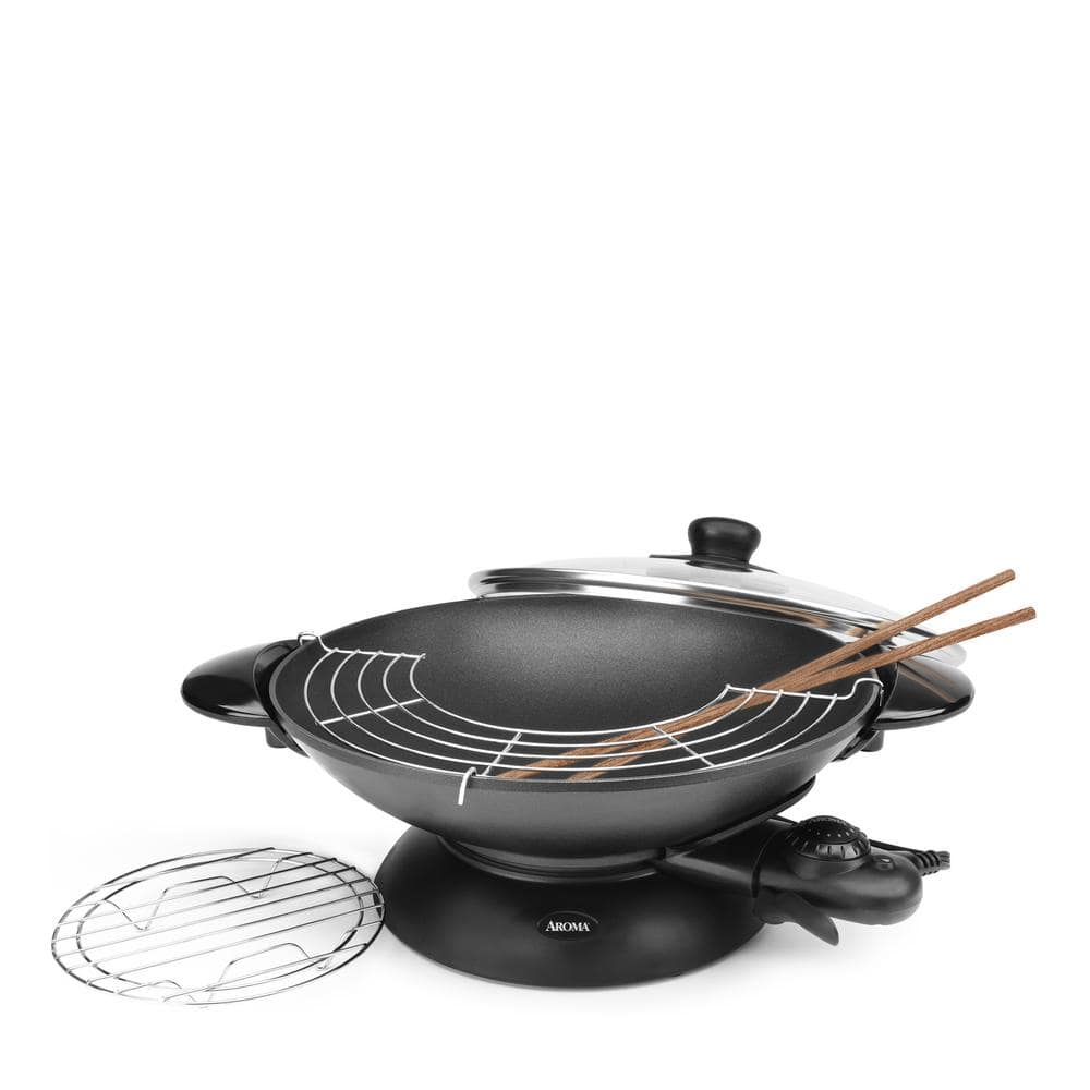 Aroma 5-Quart Black Electric Wok with Glass Lid