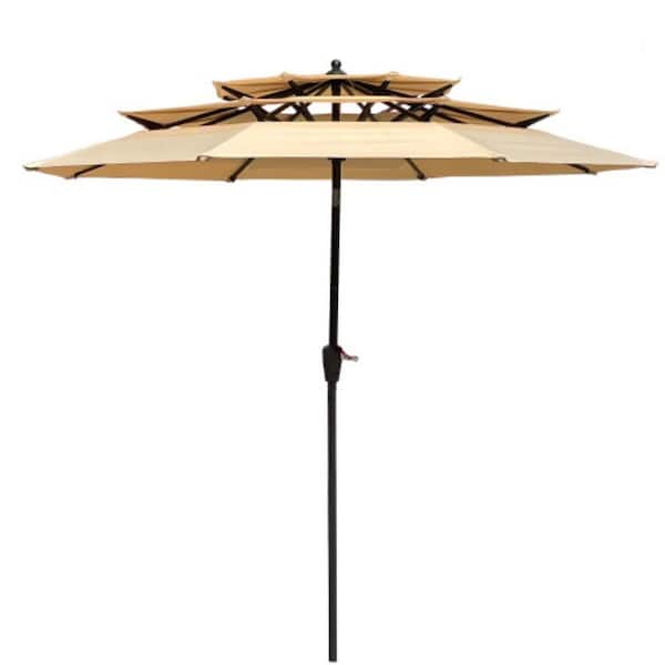 ITOPFOX 9 ft. Outdoor Patio Market Umbrella with 3-Tier, Crank, Tilt and Wind Vents for Graden Deck Backyard, Tan