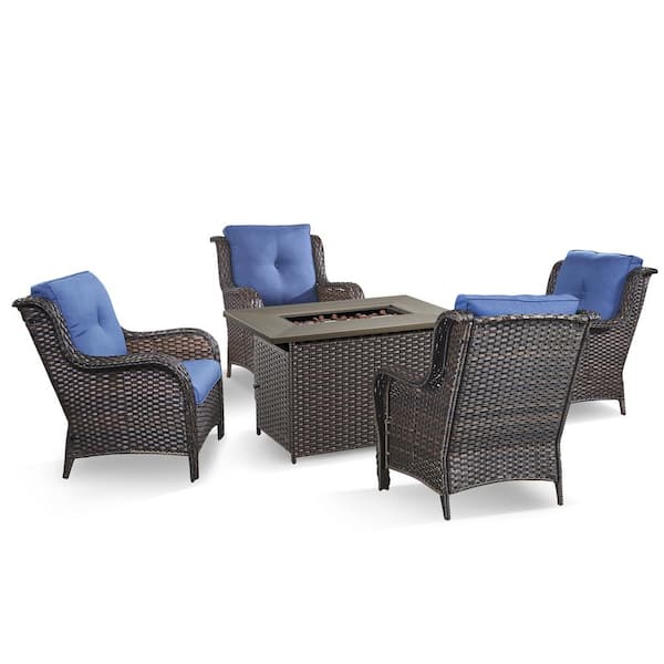 5-Piece Brown Wicker Patio Chairs for 4 with Gas Propane Fire Pit Table Sets Blue Cushions