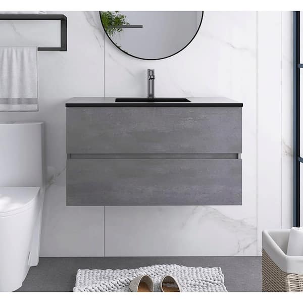 Staykiwi 35.4 in. W x 18.9 in. D x 20.7 in. H Single Sink Wall Mounted Bath Vanity in Cement Grey with Black Quartz sand Top