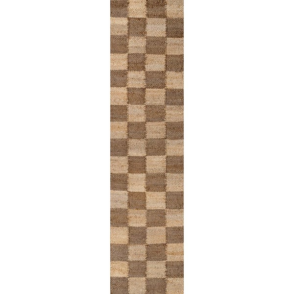 Theo Modern Farmhouse Woven Jute Checkerboard Natural/Brown 2 ft. x 10 ft. Runner Rug