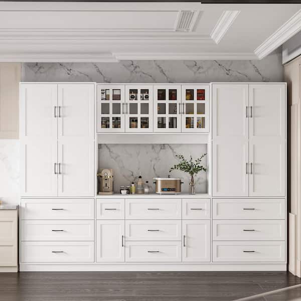 White 78.7 in. Office Storage Cabinet with 13 Shelves and 11 Drawers,Glass-Front Top Doors and Full Wall Bookcase Design