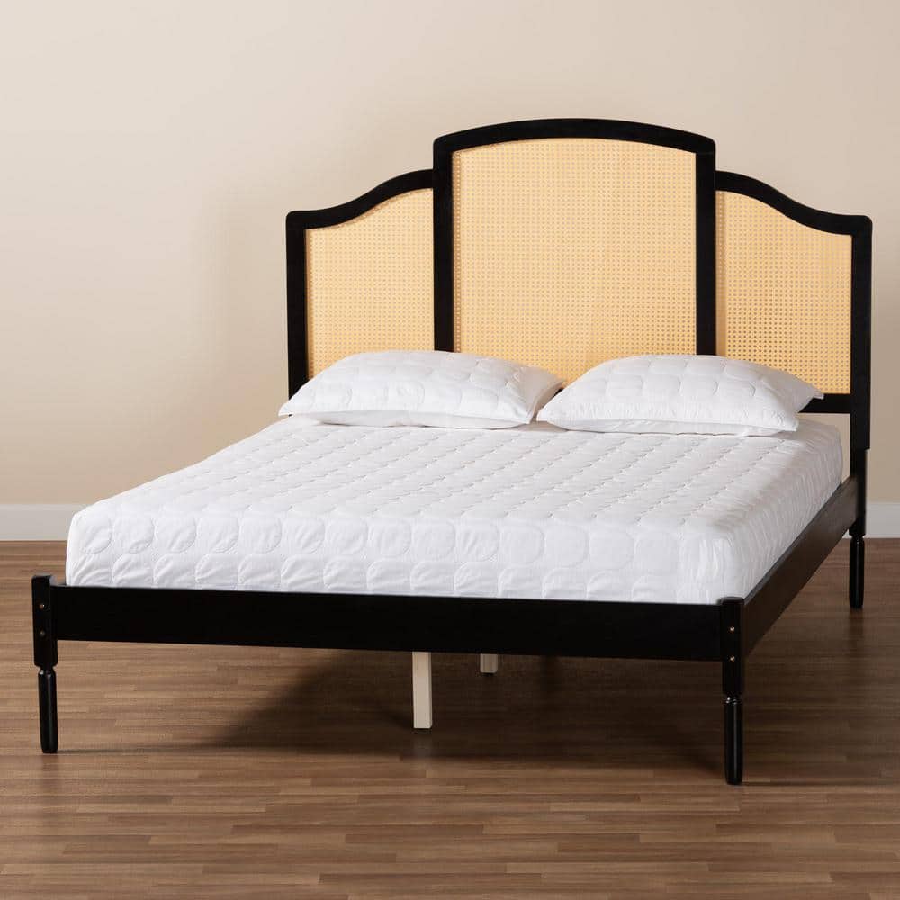 Queen Black Wood Platform Bed with Woven Rattan Headboard