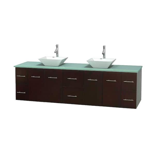 Wyndham Collection Centra 80 in. Double Vanity in Espresso with Glass Vanity Top in Green and Porcelain Sinks