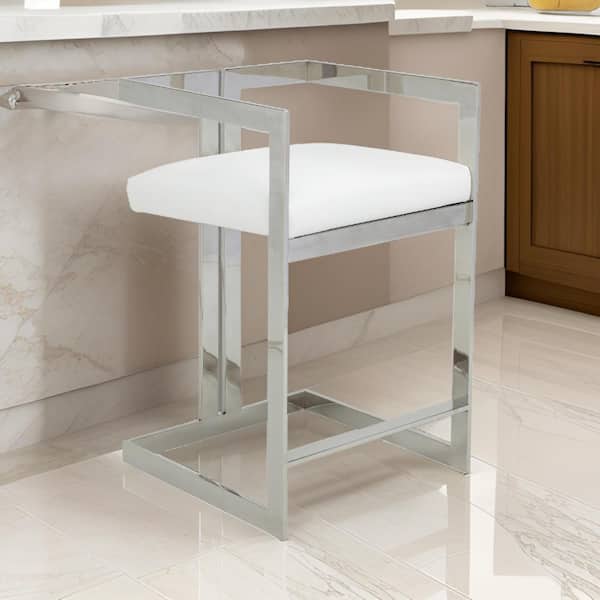 Benjara 25.5 in. White and Silver Low Back Metal Frame Bar Stool with Faux Leather Seat