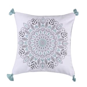 Ditsy Spa, Grey, Teal Embroidered Medallion with Corner Tassels 18 in. x 18 in. Throw Pillow