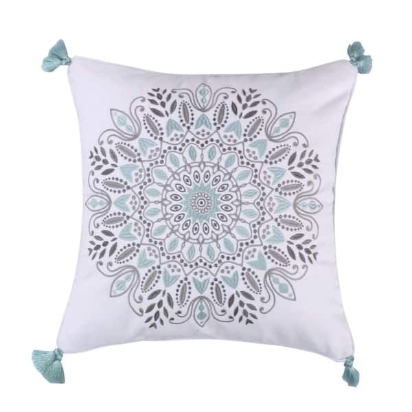 LEVTEX HOME Ditsy Spa, Grey, Teal Embroidered Medallion with Corner Tassels 18 in. x 18 in. Throw Pillow