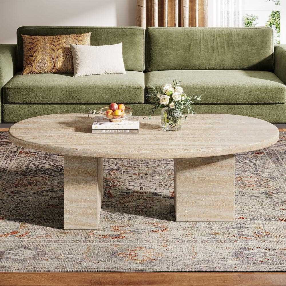 BYBLIGHT Allan 45 in. Oak Oval MDF Coffee Table with Asymmetric