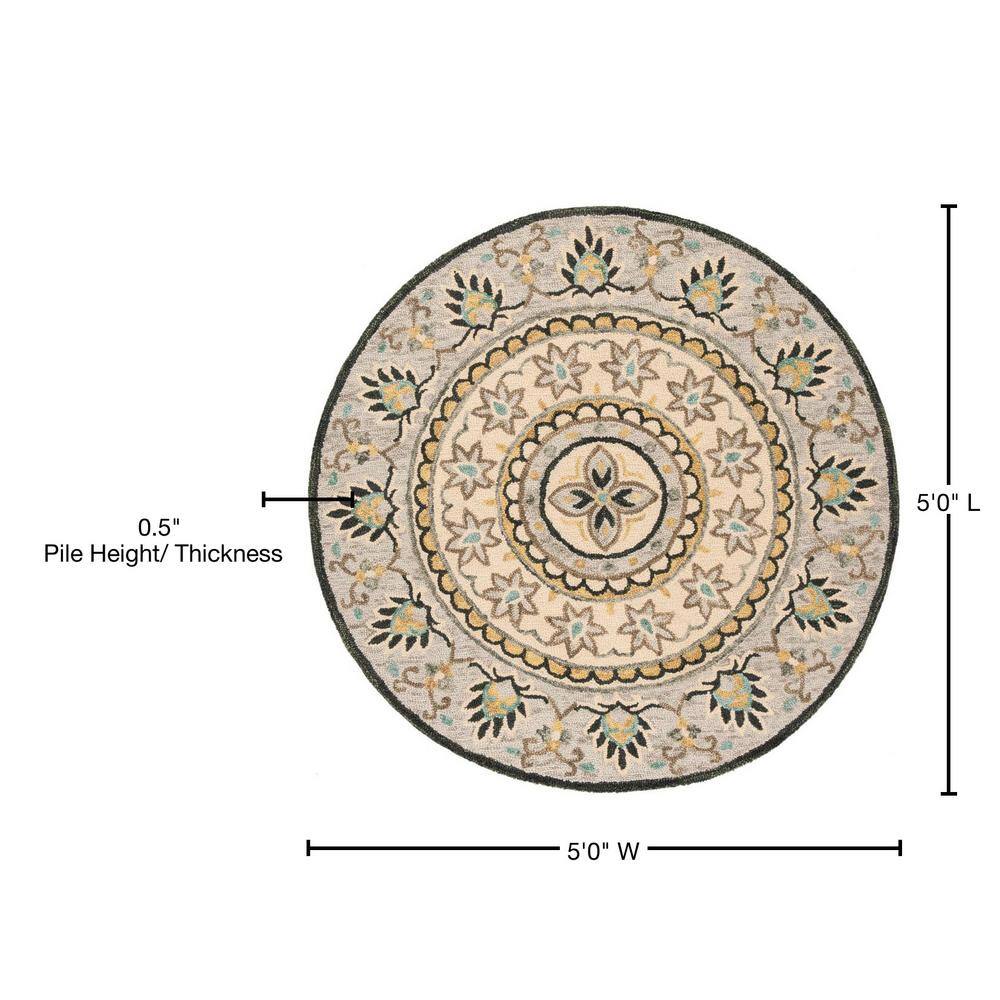 Sunshine Floral Tufted Round Wool Rug - 59 in Diameter