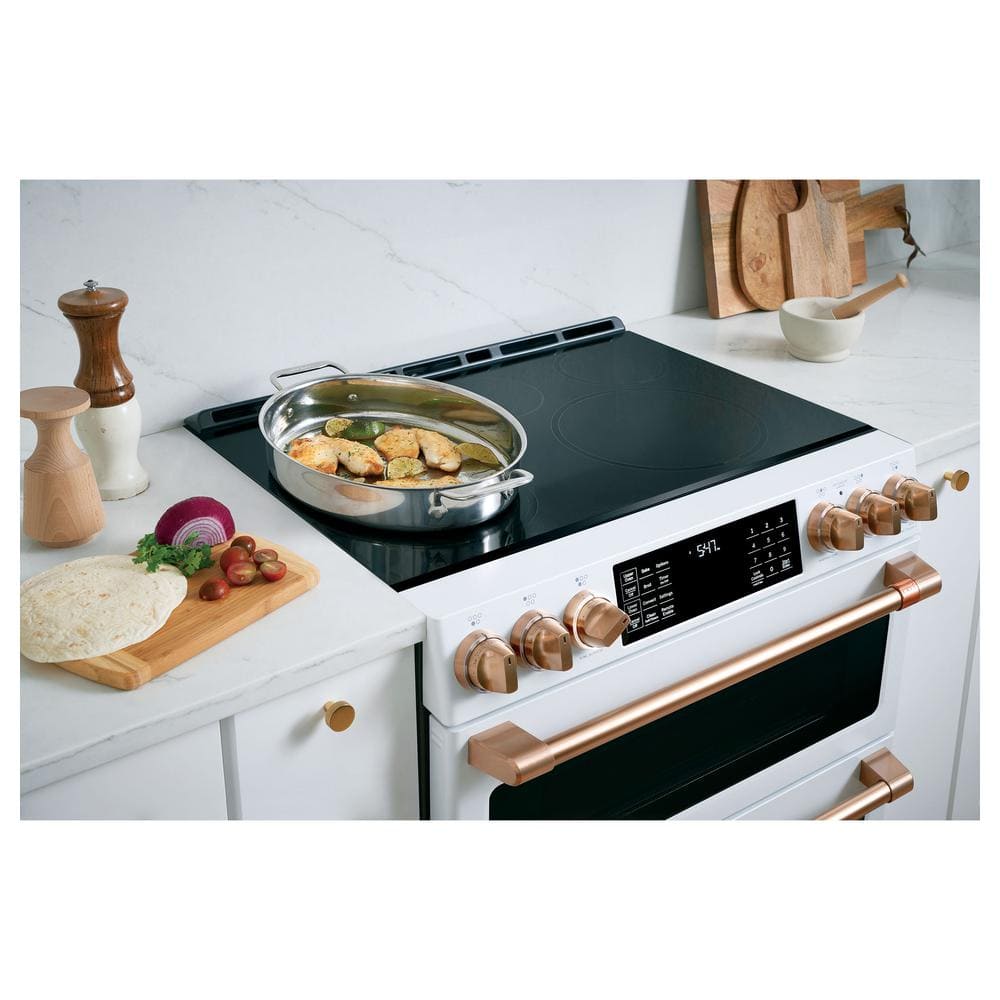 Matte White 30" Smart Double-Oven Induction Range with Convection