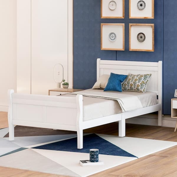 41.30 in. W White Twin Solid Wood Sleigh Bed with Headboard, Footboard, Wood Slat Support
