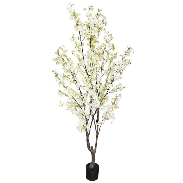 6.5 ft. Cream White Artificial Cherry Blossom Flower Tree in Pot