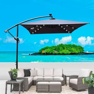 10 ft. Rectangular Steel LED Cantilever Patio Umbrella with Crank and Cross Base in Anthracite for Garden Deck Backyard