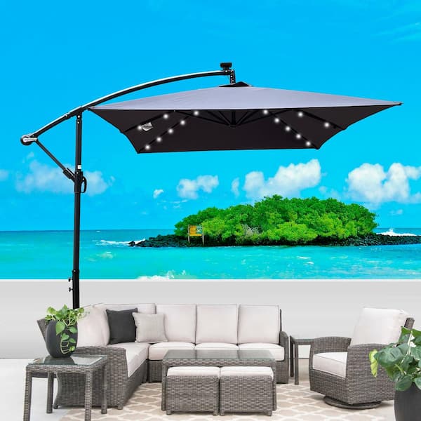 Zeus & Ruta 10 ft. Rectangular Steel LED Cantilever Patio Umbrella with Crank and Cross Base in Anthracite for Garden Deck Backyard