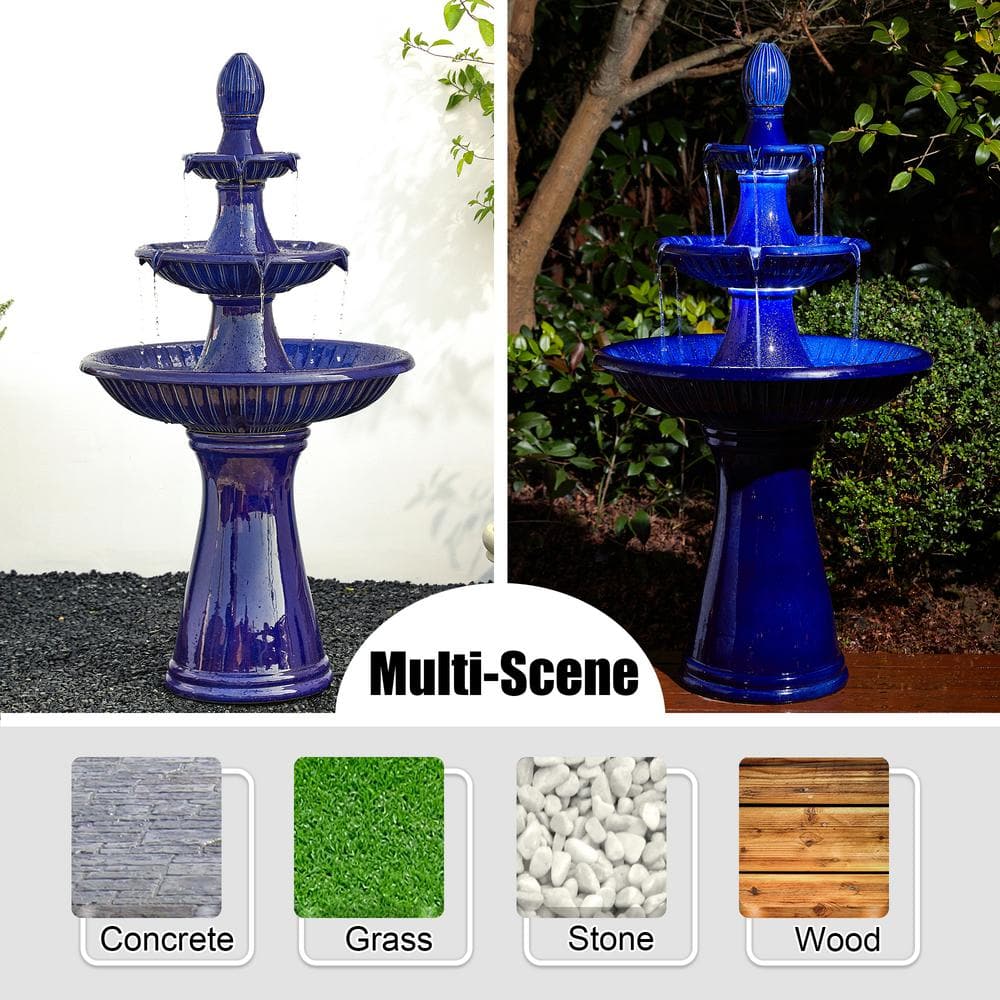 45.25" Cobalt Blue Ceramic 3-Tier Outdoor Fountain with LED Light