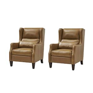 Ovill Camel Modern Genuine Leather Wingback Armchair with Pillow Set of 2