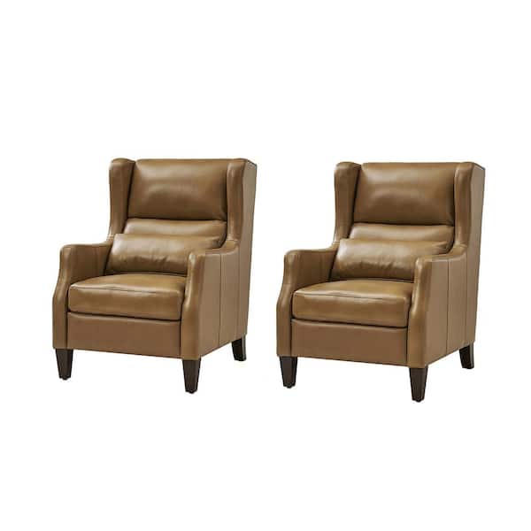 JAYDEN CREATION Ovill Camel Modern Genuine Leather Wingback Armchair with Pillow Set of 2