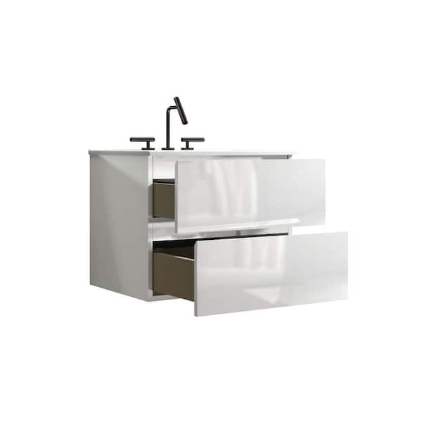 24 in. W Single Sink Floating White Bath Vanity with White Ceramic Top