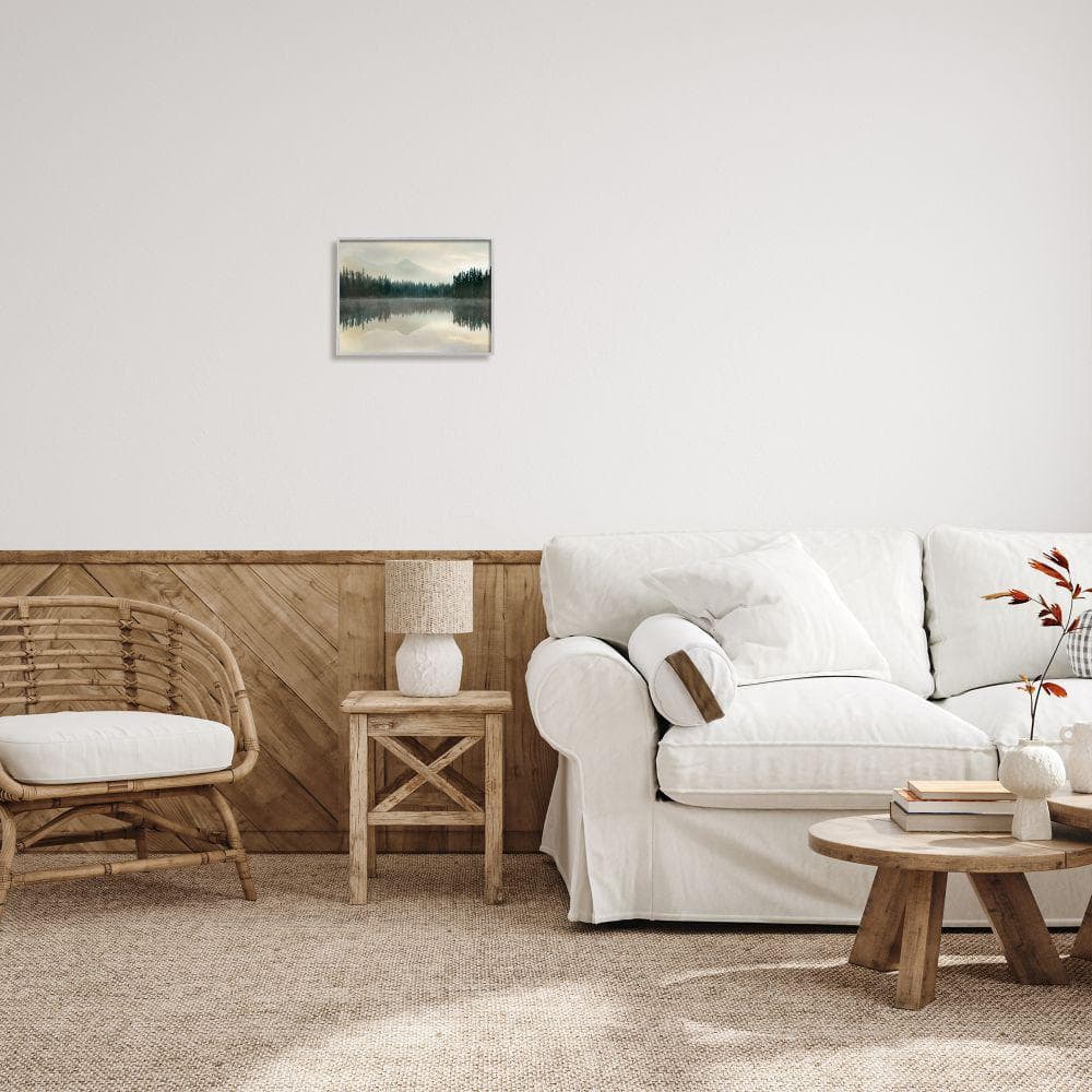 Foggy Lake Forest Landscape Gray Framed Canvas Print, 14 x 11