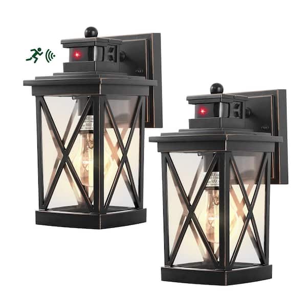 Meluaim Black 1-Light Upgarde PIR Motion Sensing Dusk to Dawn Outdoor Hardwired Exterior Wall Light Lantern Sconce (2-Pack)