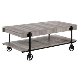 Bargib 47.25 in. Black and Natural Tone Rectangle Wood MDF Coffee Table with Wheels
